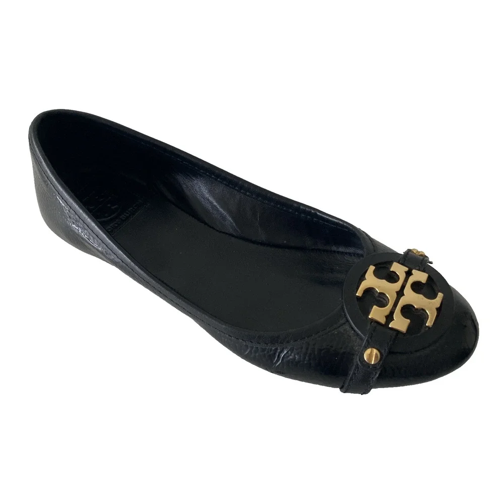 TORY BURCH Aaden Ballet Flat Black Patent Leather Gold Logo Slip On Round Toe 8